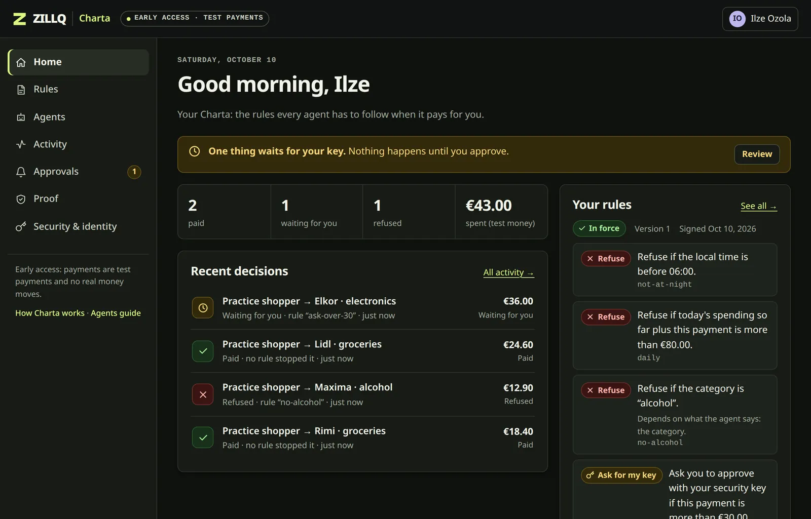 The Zillq Charta home screen: two purchases paid, one refused by the rule “no-alcohol”, one waiting for the person's key under the rule “ask-over-30”, and the rules in force, version 1, signed today.